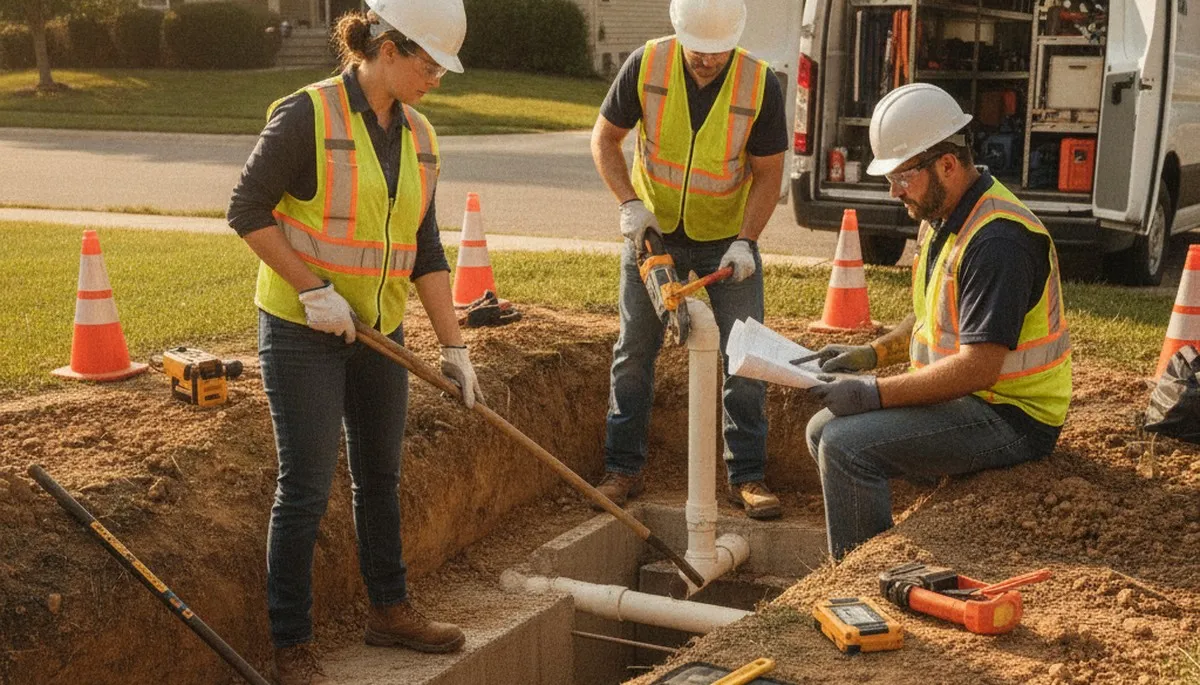 Dallas, TX plumber repairing septic system for homeowners with slow drains and yard odors