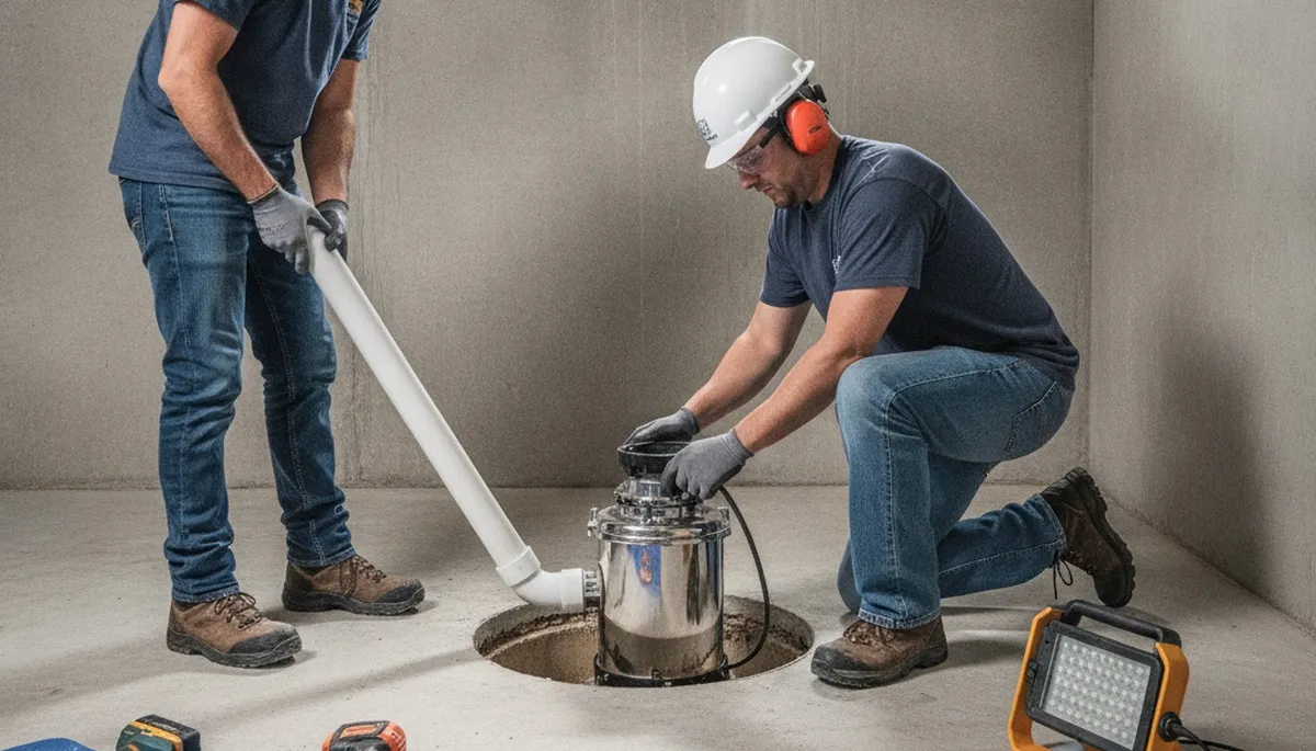 Dallas, TX plumber installing a sump pump to protect a home from water intrusion