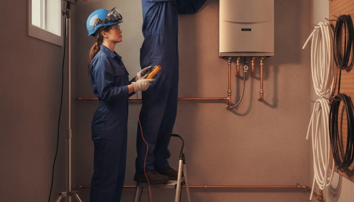 Dallas TX plumber installing a tankless water heater for efficient on-demand hot water