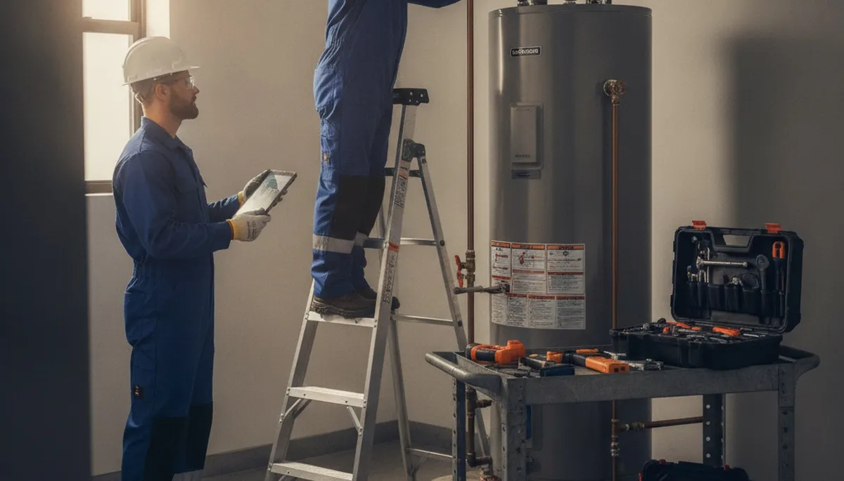 Dallas, TX plumber repairing a water heater for a home service call